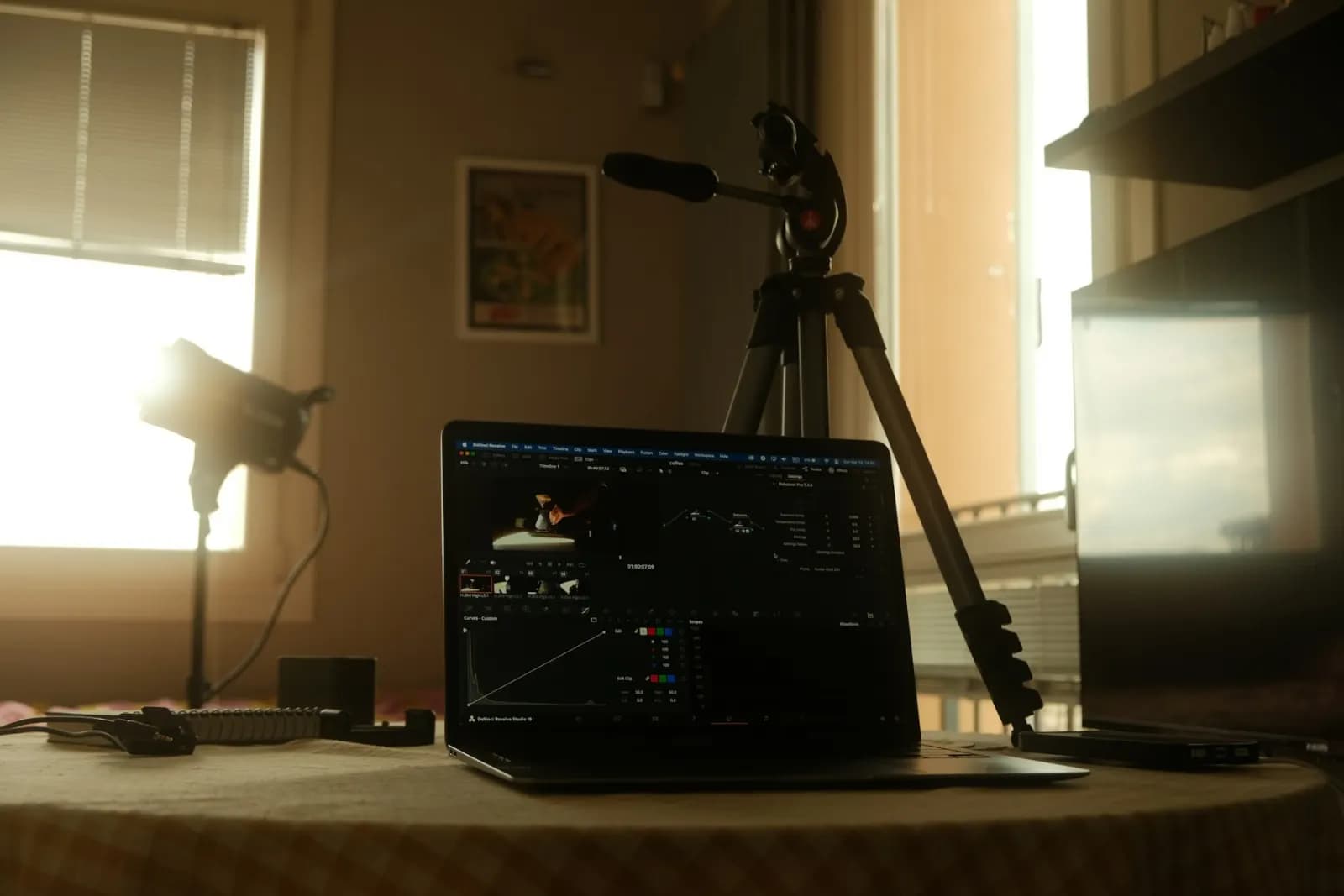 Video editing workstation with camera equipment and a laptop timeline