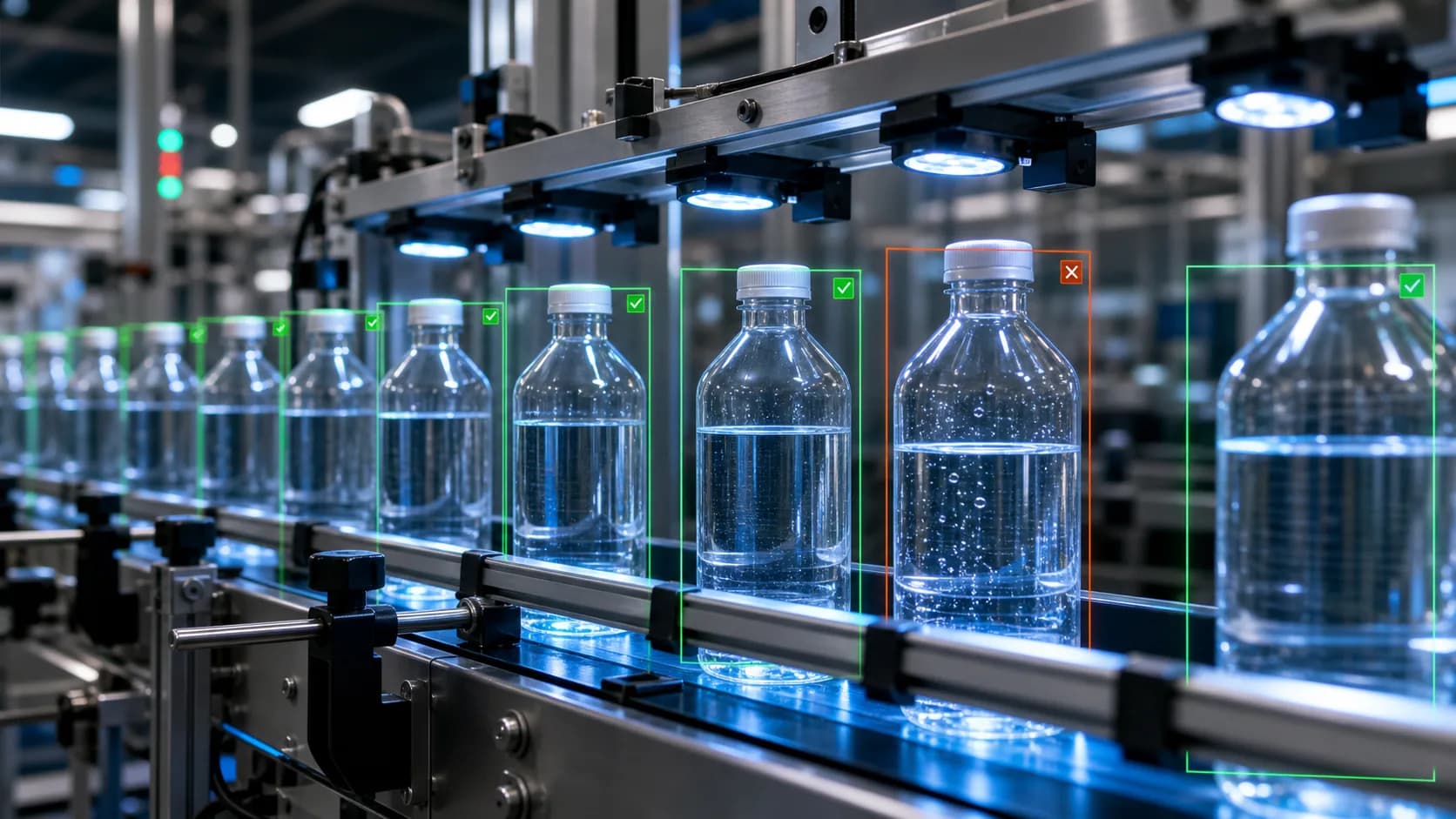 Bottling line with computer vision quality inspection overlays