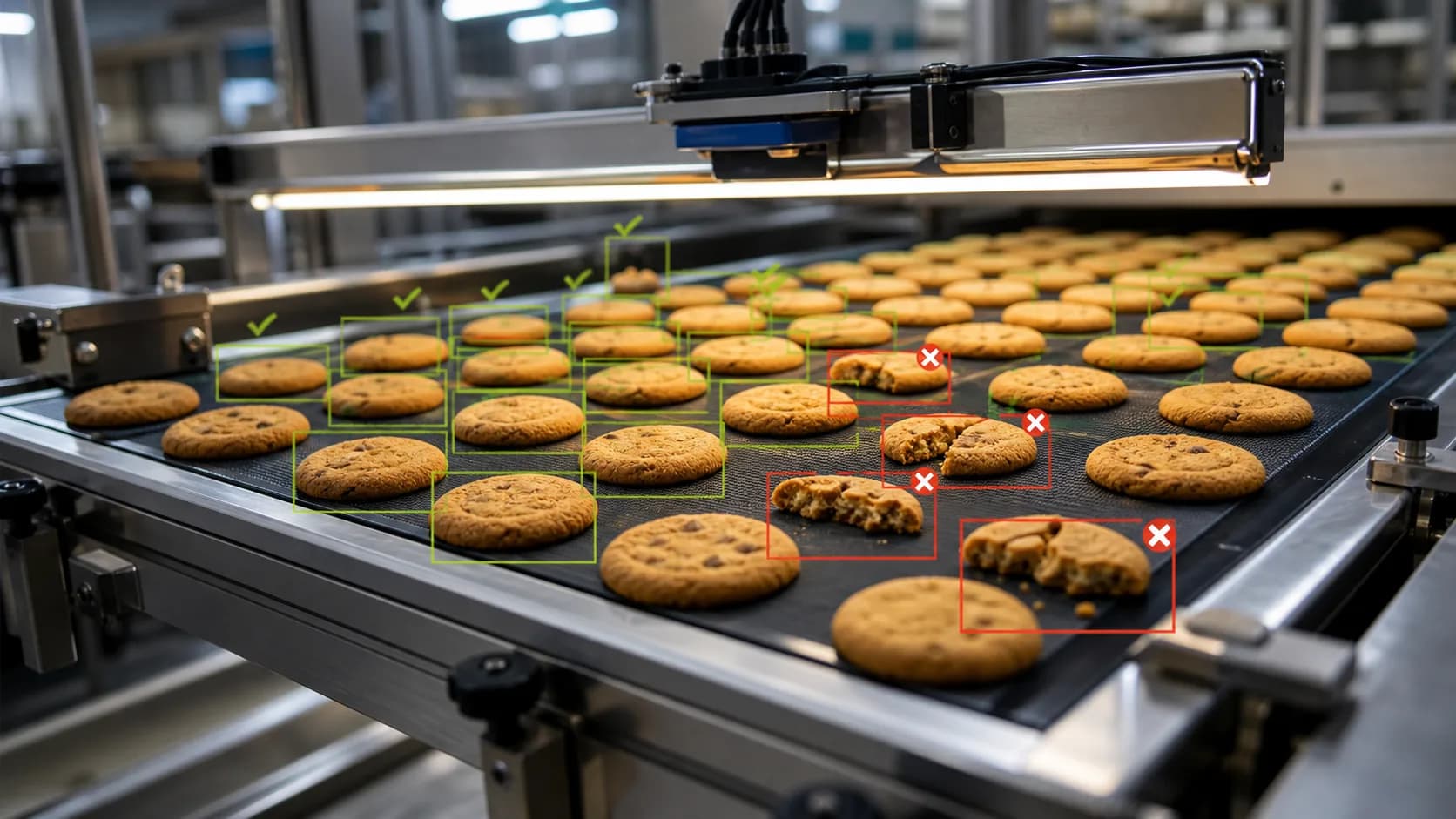 Cookie production line with visual quality inspection overlays