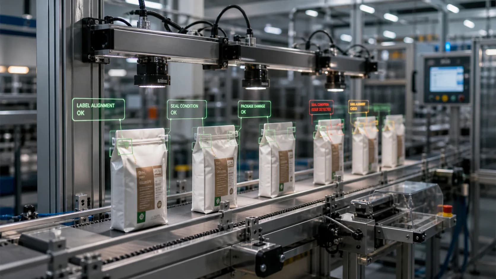 Packaging line with label and seal inspection overlays
