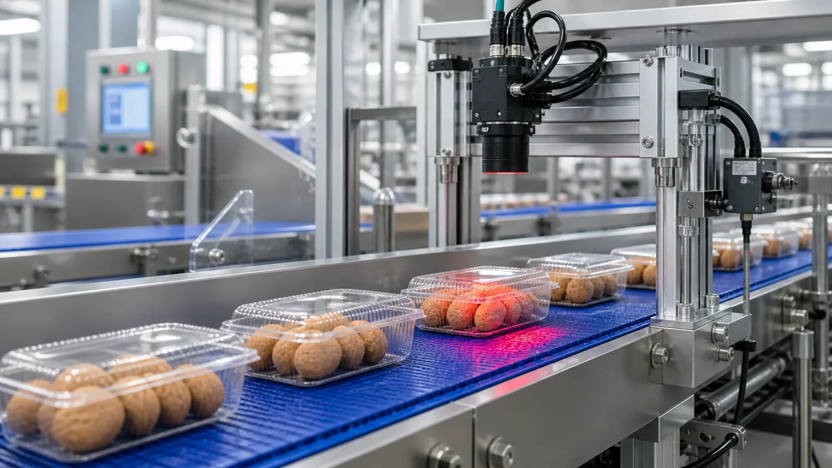 Factory conveyor line with AI quality inspection overlay